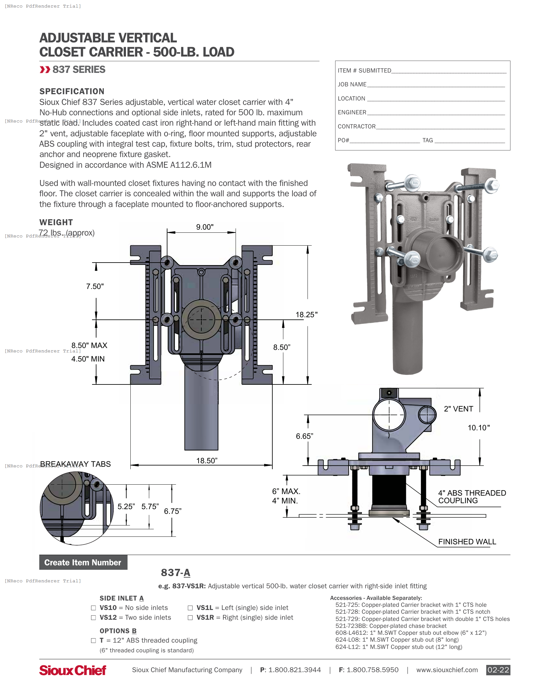 837-VS1 SERIES - CLOSET CARRIER - SPEC SHEET.PDF Specification Document